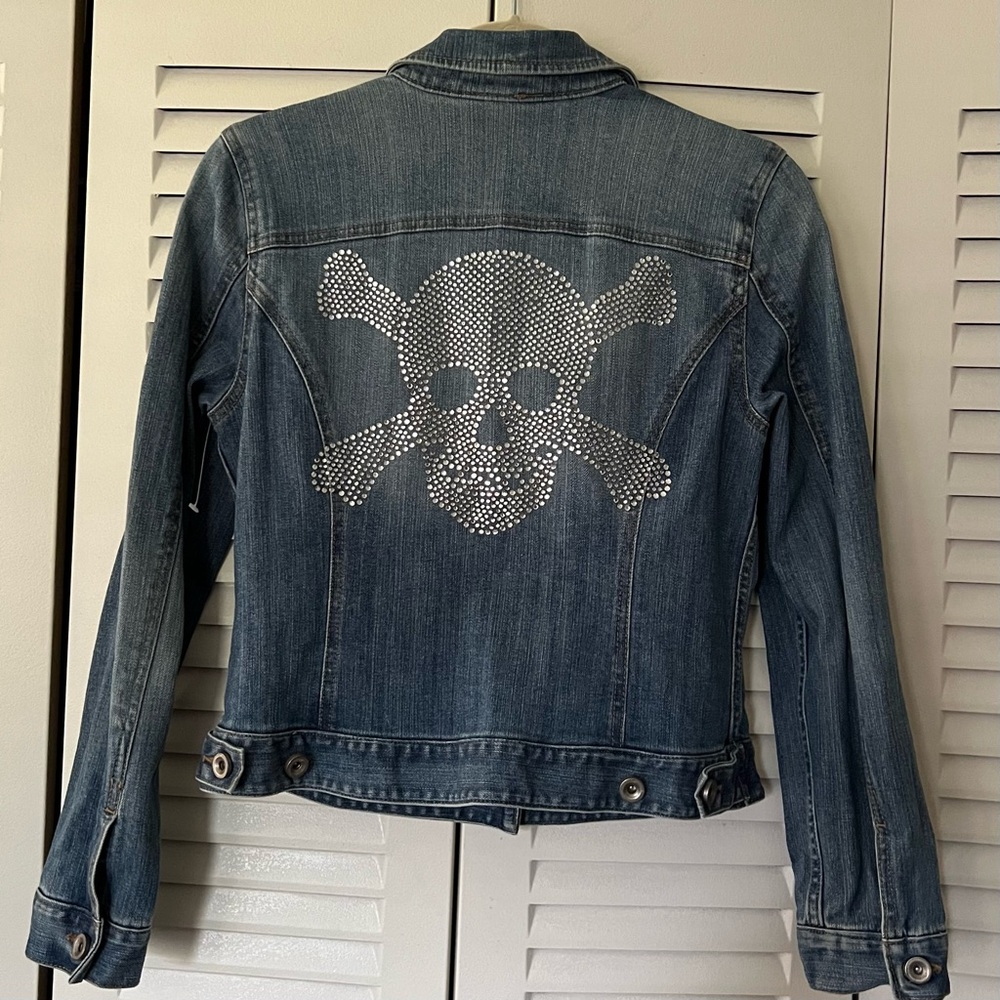 INC Crystal Studded Skull Denim Jacket